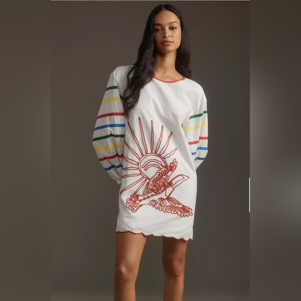 FARM Rio White Long-Sleeve Dress with Rainbow Stripe Sleeves and Rust Embroidery